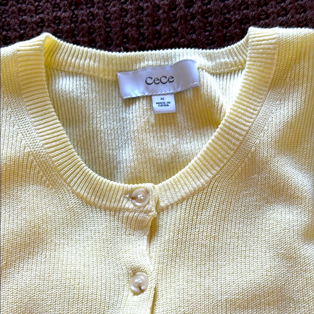 CeCe Creamy Yellow Cardigan Sweater with Ribbed Knit, never worn,cashmere.